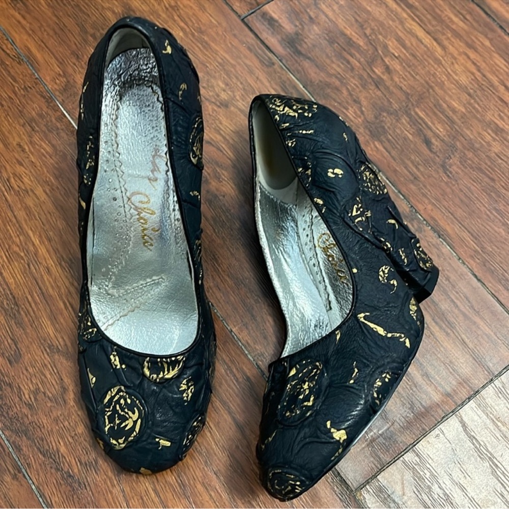 Irregular Choice Textured Black And Gold Block Heels 38 Funky Unique Quirky